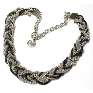 Dana Buchman Black Braided Rhinestone Necklace 14" Silver Tone Mesh 9 Strands